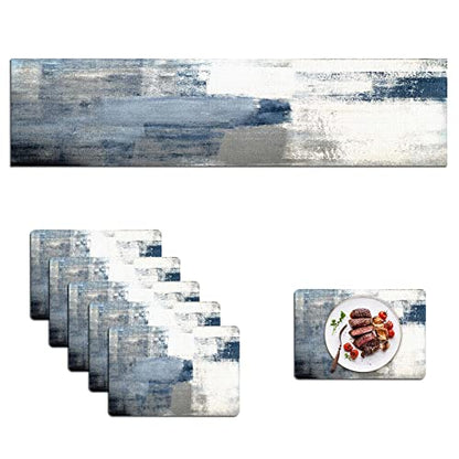 Mcalk Dusty Blue Table Runner and Placemats Set of 6 Pieces, Pink Flower Placemats Modern Art,Abstract Art Cloth Place Mats Indoor for Kitchen,Washable Placemats Linen Material for Dining Table - color: 01grey and Blue