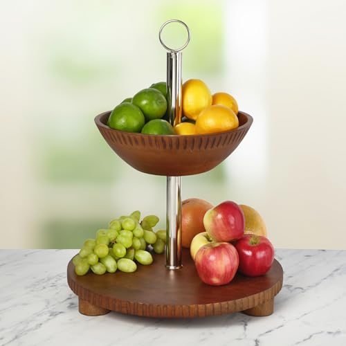 Gourmet Basics by Mikasa Hamden Mango Wood 2-Tier Serving Fruit Basket and Platter – Kitchen Countertop and Buffet Table Stand for Elegant Fruit Display