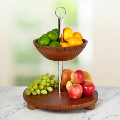 Gourmet Basics by Mikasa Hamden Mango Wood 2-Tier Serving Fruit Basket and Platter – Kitchen Countertop and Buffet Table Stand for Elegant Fruit Display