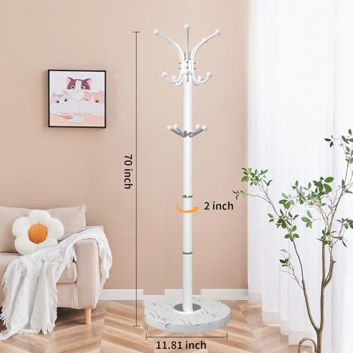 ZOZOE Metal Coat Rack Stand, Modern Coat Rack Freestanding with Natural Marble Base, 360° Rotary Design Coat Racks with 14 Hooks,White Coat Tree Hanger Stand for Bags,Hats,Entryway,Office - color: White 14 Hooks