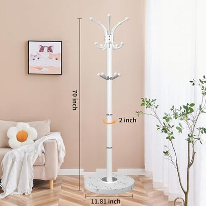 ZOZOE Metal Coat Rack Stand, Modern Coat Rack Freestanding with Natural Marble Base, 360° Rotary Design Coat Racks with 14 Hooks,White Coat Tree Hanger Stand for Bags,Hats,Entryway,Office - color: White 14 Hooks