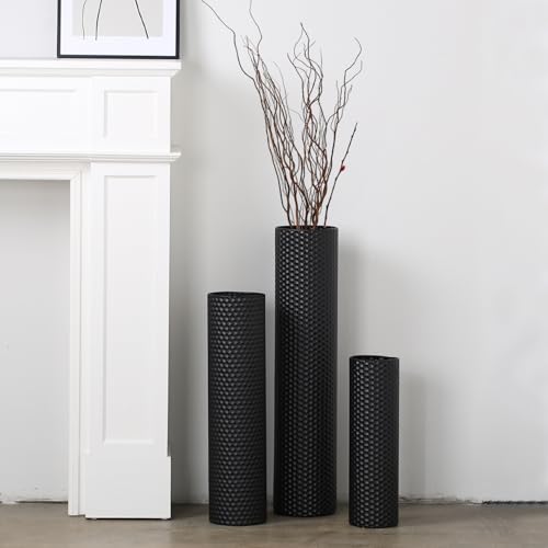 Dnnnii Tall Floor Vases Set of 3 - Black Metal Cylinder Vases for Living Room Corner, Modern Honeycomb Texture, Extra Large Standing Decor (Tallest 27.6in, Home Bedroom Dining Decor) - color: Black