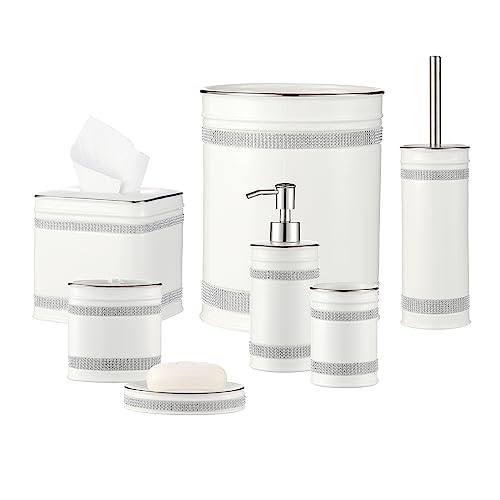 Bathroom Accessories Set, 4-Piece Ceramic Bath Accessory Complete Set with Lotion Dispenser/Soap Pump, Tumbler, Soap Dish and Toothbrush Holder (Rhinestones, White)