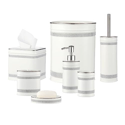 Bathroom Accessories Set, 4-Piece Ceramic Bath Accessory Complete Set with Lotion Dispenser/Soap Pump, Tumbler, Soap Dish and Toothbrush Holder (Rhinestones, White)