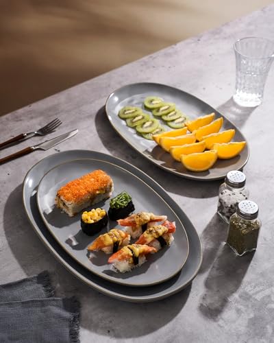 famiware Serving Platter, Oval 15.59/14.3/12.9 inch Serving Dishes for Entertaining, Serving Bowls, Microwave Safe, Fine Stonware Serving Trays for Party, Turkey, Cheese, Ocean Series, Dark Grey - color: Dark Gray