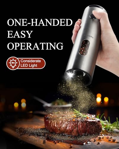Electric Salt and Pepper Grinder Set with Rechargeable Base - Upgraded Large Capacity, Refillable Pepper Mill Set with LED Light & Adjustable Coarseness, Ideal for Kitchen, Outdoor (Polished Silver) - color: Polished Silver