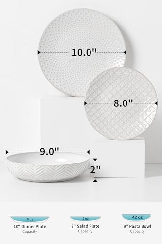 FOBENTA 18-Piece Embossed Ceramic Dinnerware Set–6 Dinner Plates,6 Salad Plates,6 Pasta Bowls,Elegant & Durable Tableware,Dishwasher & Microwave Safe,Perfect for Family & Entertaining - size: Service for 6-18Pcs (Pasta Bowl)