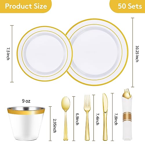 350 Piece Gold Plastic Dinnerware Set for 50 Guests | Disposable Dinnerware Includes: 50 Dinner Plates, 50 Dessert Plates, 50 Pre Rolled Napkins with Silverware, 50 Cups - color: Gold, style: 350 Piece (50 guests)