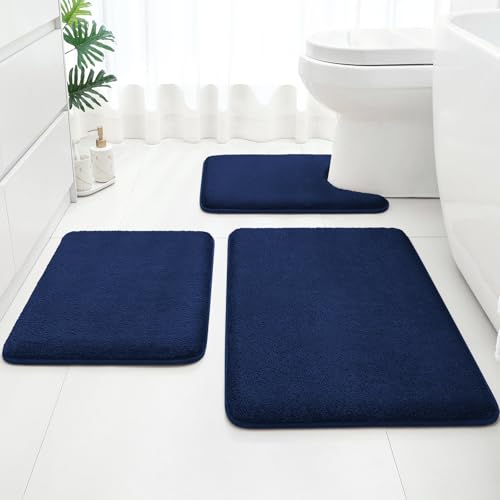 HOMEIDEAS Upgraded Bathroom Rugs Set 3 Piece, Ultra Soft Memory Foam Bath Mats, Super Absorbent Non Slip Washable U-Shaped Toilet Bath Rug (Navy Blue, 17"x24"+20"x32"+U-Shaped 20"x24") - color: Navy Blue