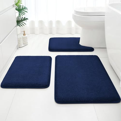 HOMEIDEAS Upgraded Bathroom Rugs Set 3 Piece, Ultra Soft Memory Foam Bath Mats, Super Absorbent Non Slip Washable U-Shaped Toilet Bath Rug (Navy Blue, 17"x24"+20"x32"+U-Shaped 20"x24") - color: Navy Blue
