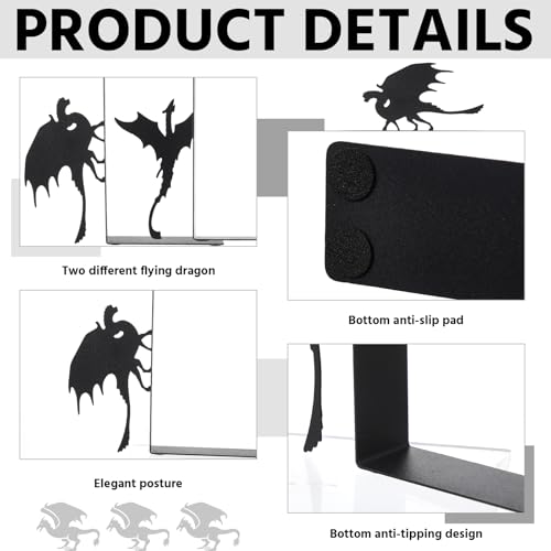 Dragon Metal Bookends Set of 2 Styles Gothic Book Ends for Shelves Bookshelf Home Office Desk Bookshelf Decor Gift for Dragon Lovers and Reading Enthusiasts - style: Flying Dragon