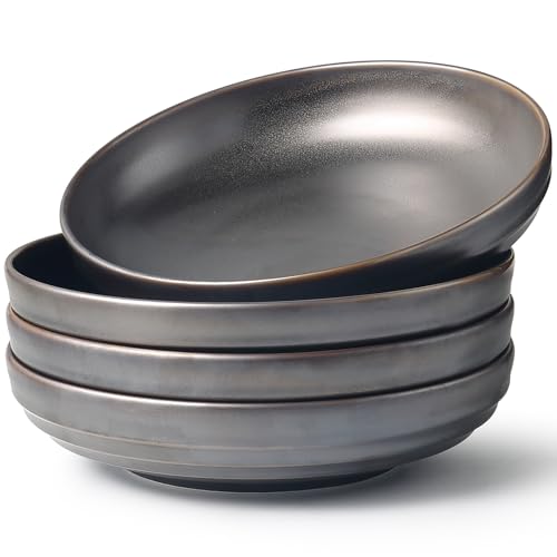 HAPPY KIT Stoneware 9'' Pasta Bowls 42oz Set of 4, Bronze Gray | Reactive Glaze, Large Salad Bowls, Ceramic Serving Bowls for Fruit, Soup, Noodle, Dinner, Scratch Resistant - color: BronzeGray