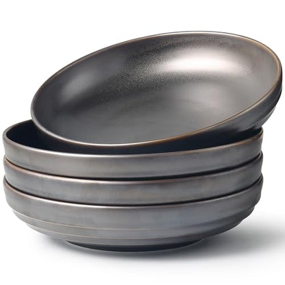 HAPPY KIT Stoneware 9'' Pasta Bowls 42oz Set of 4, Bronze Gray | Reactive Glaze, Large Salad Bowls, Ceramic Serving Bowls for Fruit, Soup, Noodle, Dinner, Scratch Resistant - color: BronzeGray