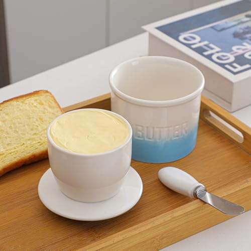 Butter Jar, French-Style Butter Dish with Lid, with Water Line, Countertop Suitable, Housewarming Gift Box, Kitchen & Home Decoration (gradient blue, Ceramic) - color: gradient blue