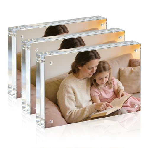Acrylic Frame, 6x8 Picture Frame 3 Pack, 20MM Thicker Block, Double Sided Magnetic Clear Freestanding Photo Frame for Desk or Tabletop Display - size: 6x8" 3pack
