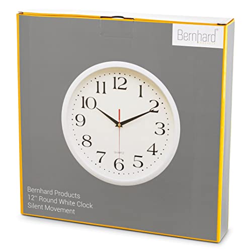 Bernhard Products White Wall Clock Silent Non Ticking, 12 Inch Quality Quartz Battery Operated Round Easy to Read Home/Office/Kitchen/Classroom/School Sweep Clock, Black Hands - color: White, size: 12 Inch