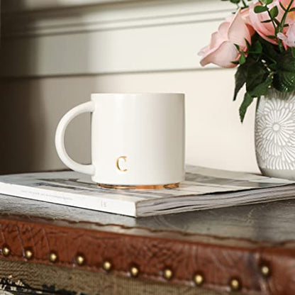 COLLECTIVE HOME Ceramic Coffee Mug, 15 oz Monogram Cup with Gift Box(C) | Dishwasher Safe, Engraved Gold Letter , Personalized Housewarming Birthday Present, Christmas Thanksgiving Mothers Day Gifts - color: gold-c
