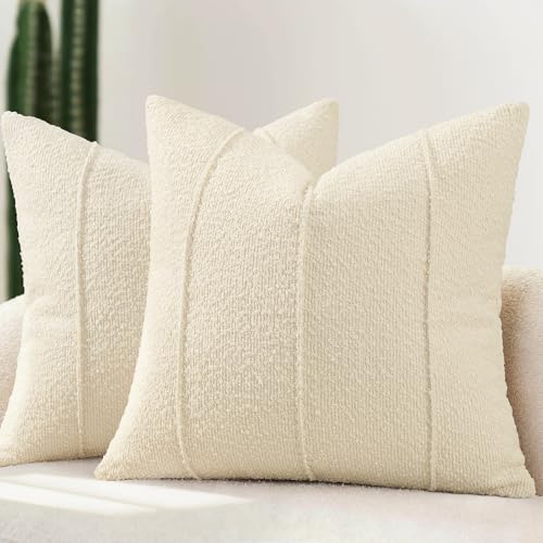 YCOLL Textured Boucle Throw Pillow Covers 18x18 Pack of 2 - Soft Neutral Striped Cushion Covers, Cozy Accent Decorative Pillow Covers for Couch, Sofa, Bed, Living Room (Cream) - color: Cream, size: 18" x 18" (Pack of 2)