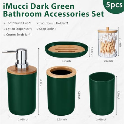 Bathroom Accessories Set 5Piece Hunter Green Bathroom Sets, Toothbrush Holder, Toothbrush Cup, Lotion Soap Dispenser, Soap Dish and Qtip Holder Bathroom Decor - style: Dark Green