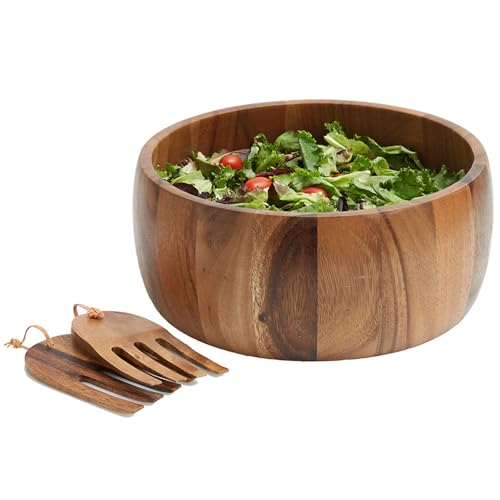 Woodard & Charles Acaica Wood 12" x 5" Serving Bowl Set with Serving Hands, 3 Piece Set ★★PACK OF 4★★ - size: 12" x 5" Bowl w/ Salad Hands-*Pack of 4*