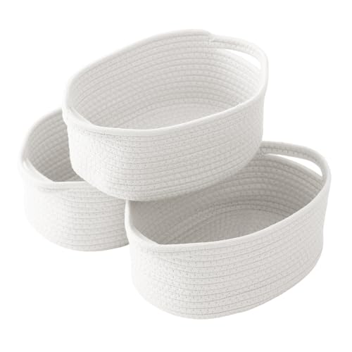 White Woven Rope Basket - Baby Gift Basket with Bag & Ribbon | Cotton rope with handle, 12 x 8 x 5 in, gift bag and ribbon, for baby shower, birthday, toy storage, nursery, shelf decor - color: 3PC-White