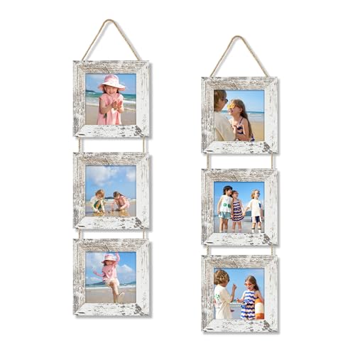 4x4 Collage Picture Frames Set of 2, Rustic Wooden Real Glass Vertical Hanging 3 Opening 4 by 4 Photo Frame, Distressed White - color: Distressed White, size: Vertical-4x4 in