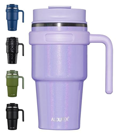 20 oz Insulated Travel Coffee Mug Tumbler with Handle and Straw | Leakproof Stainless Steel Coffee Cup with Lid, Double Wall Vacuum Ice Thermal Cup, Lavender Glitter - color: Lavender Glitter, size: 20 Ounces