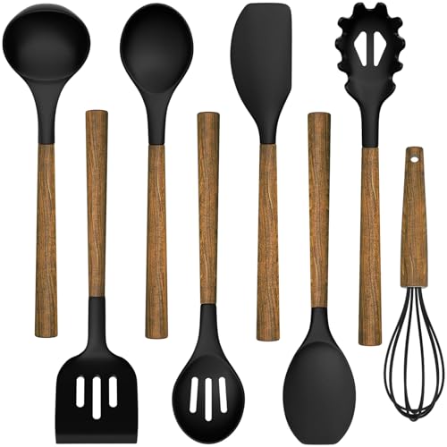 Silicone Cooking Utensil Set, Umite Chef 8-Piece Kitchen Utensils Set with Natural Acacia Wooden Handles,Food-Grade-Silicone Kitchen Gadgets Spatulas Set for Nonstick Cookware- Black - color: Black