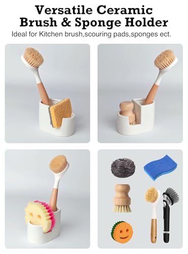 Ceramic Sponge Holder for Kitchen Sink, 2-in-1 Sponge & Brush Organizer, Compact Countertop Sink Caddy with Raised Edge to Catch Drips, Keeps Countertops Dry, Dishwasher Safe, Rustproof, White - size: L-Shape