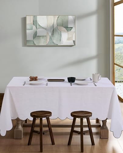 100% Pure Linen Scalloped Embroidery Rectangle Tablecloths 84Lx60W Inch for Dinners, Parties, Spring, Easter, Machine Washable, 6-8 Sets, 60''x84'', White(Edges-Gold) - color: White(edges-gold), size: 84" x 60" (Rectangular)