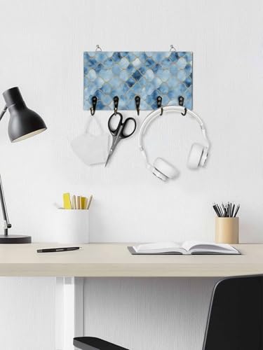 Key Holder for Wall Ombre Blue White Marble Decorative Hanging Key Rack Wall Mount with 5 Hooks Lattice Modern Art Organizer Wall Decor for Entryway Front Door Kitchen 9.4x5in