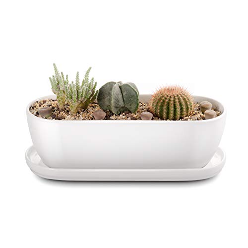 E-liu 11 Inch Oval Ceramic Planter Pot with Drainage Hole Saucers | Rectangular Succulents Planter Home Decor for Indoor Outdoor Plants Herb Cactus with 3 Mesh Pads, Plants Not Included, White - color: White, size: 11 inch Single