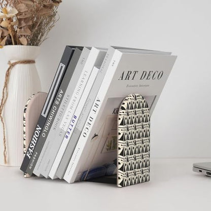 Scandinavian Geometric Shapes (2) Print Wooden Bookends,1 Pair Book Ends,Book Organizer for Home Office School Desk