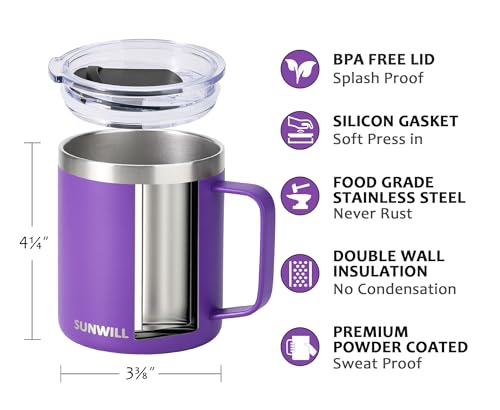 SUNWILL Insulated Coffee Mug with Lid, Travel Tumbler with Handle, 14 oz Stainless Steel Cup for Camping, Office, Home, Powder Coated Purple - color: Powder Coated Purple