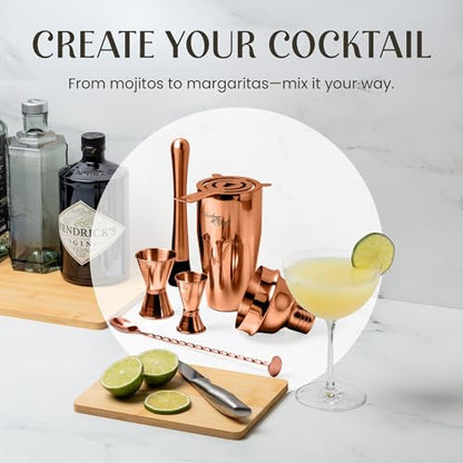 Mixology & Craft Rustic Cocktail Shaker Set – Includes Wood Stand, Complete Barware Kit with 24 Oz Shaker, Dual Jiggers, Pourers, Muddler, Strainer – Perfect for Home Bartenders (Copper) - color: Copper