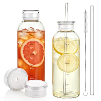 Glass Water Bottles with Lids, 25oz Juice Bottles, Glass Bottles with Straws and Time Marker, Reusable Water Bottle, Leak Proof Drinking Jars for Smoothies, Juicing, Milk,Bubble Tea - size: 25oz