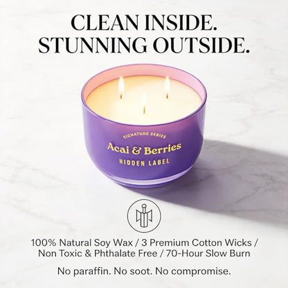 Hidden Label Acai Berries Candle, 18oz Soy 3-Wick, 70H Aromatherapy | Purple Gradient Decor | Triple Cotton Even Melt | Non Toxic Plant Wax | Mood Boost Energy | Gift Ready Gold Lid - color: Acai & Berries