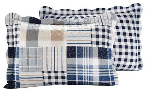 Brilliant Sunshine Multi Blue Plaids & Stripes Pillowshams Set, 20"x26"+2" | Patchwork Design, Quilted Standard Pillowcases, Washable Scallop Edge Pillow Covers, Pack of 2 - color: Blue, size: 20 x 26 inches