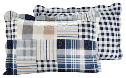 Brilliant Sunshine Multi Blue Plaids & Stripes Pillowshams Set, 20"x26"+2" | Patchwork Design, Quilted Standard Pillowcases, Washable Scallop Edge Pillow Covers, Pack of 2 - color: Blue, size: 20 x 26 inches