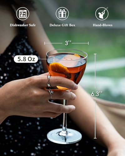GIHOP Nick and Nora Cocktail Glasses, Small Coupe Martini Glasses Set of 2 | 5.8Oz Hand Blown,100% Lead-Free Crystal Coupe Glassware, Cocktail Glasses for Manhattan, Cosmopolitan, Espresso with Gift Box - size: Nick and Nora Cocktail Glasses 2