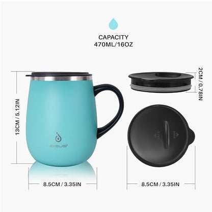 Ideus 16 oz Insulated Coffee Mug with Handle and Lid, Double Wall Stainless Steel Vacuum Thermal Coffee Mug, Travel Coffee Cup Thermal Cup for Home and Office (Sky Blue, FUJI DAWN) - color: Sky Blue