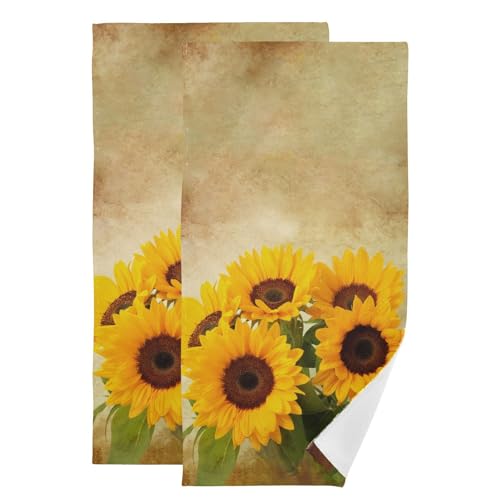 Retro Sunflower Hand Towels for Bathroom Set of 2 Microfiber Quick Dry Vintage Yellow Blooming Floral Kitchen Dish Towels Farmhouse Decorative Bathroom Towel for Face Bath Shower 14"x28" - color: Yellow