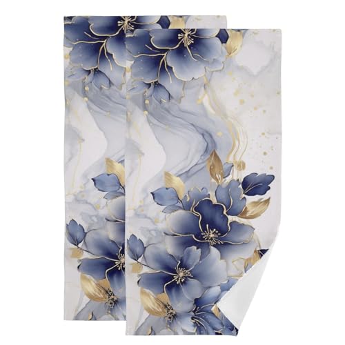 Abstract Blue Golden Floral Leaves Hand Towels Bath Towels Set of 2 | Navy White Marble Floral Decorative Bathroom Towel Soft Absorbent Quick Dry Bath Face Hair Dish Tea Towel for Kitchen 28"x14" - color: Navy White