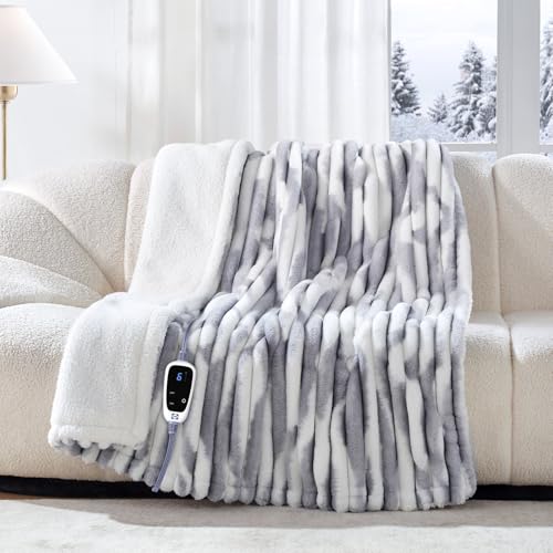 Sealy Electric Blanket Throw 50×60, Faux Fur to Sherpa, Blue White | Heated Blanket Throw with 6 Heating Levels, 2-10 Hours Auto Off, Overheat Protection, Machine Washable, ETC Certified - color: Blue White, size: Throw Size 50" x 60"