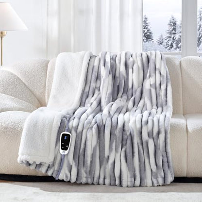 Sealy Electric Blanket Throw 50×60, Faux Fur to Sherpa, Blue White | Heated Blanket Throw with 6 Heating Levels, 2-10 Hours Auto Off, Overheat Protection, Machine Washable, ETC Certified - color: Blue White, size: Throw Size 50" x 60"
