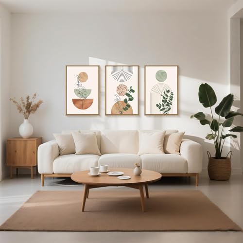 Ausril Boho Abstract Terracotta Green Framed Canvas Wall Art Set -24"x36"x3 | Mid Century Modern Geometric Wall Decor Bohemian Botanical Art Prints Neutral Plant Beige Artwork Living Room Bedroom Office - color: Boho Terracotta Wall Art, size: 24"L x 36"W