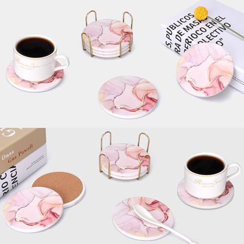 6 Pcs Pink Marble Abstract Ceramic Coasters with Holder Best Round Drink Absorbent Coaster for Desk, Lounge, Coffee Table, Wine, Beverage, Bar Coasters Set - color: Pink
