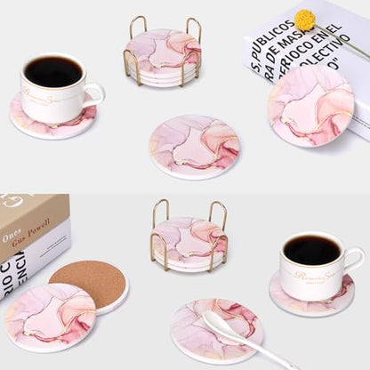 6 Pcs Pink Marble Abstract Ceramic Coasters with Holder Best Round Drink Absorbent Coaster for Desk, Lounge, Coffee Table, Wine, Beverage, Bar Coasters Set - color: Pink