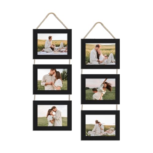 5x7 Collage Picture Frames Set of 2, Rustic Wooden Real Glass Horizontal Hanging 3 Opening 5 by 7 Photo Frame, Black - color: Black, size: Horizontal-5x7 in