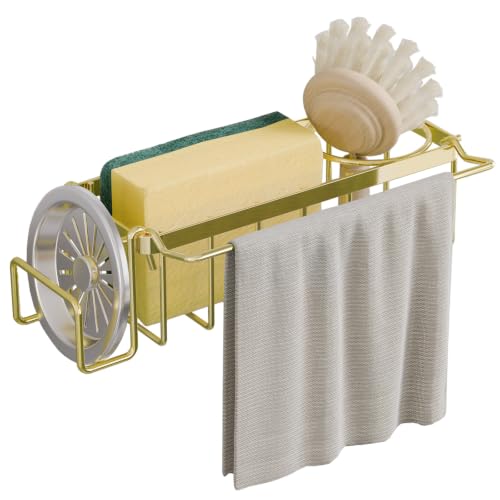 TAILI 4-in-1 Sponge Holder for Kitchen Sink with Strong Suction Cup-Gold | Removable Rustproof 304 Stainless Steel Multi-compartment Sponge Holder with Suction Cup, Keeps Brushes & Scrubbers Tidy - color: Gold, size: 7.28" x 2.36"
